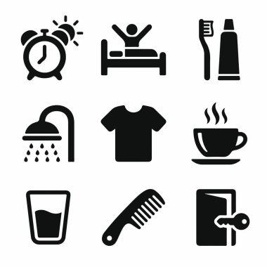 Tipik bir sabah rutinini gösteren dokuz simge. Uyanmak, duş almak, giyinmek ve evden çıkmadan önce kahve içmek gibi..