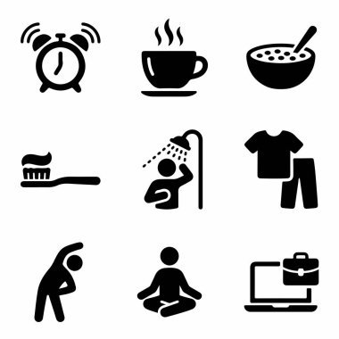 Sabah uyanmak, kahvaltı, hijyen, egzersiz, meditasyon ve işe başlamak gibi günlük aktiviteleri temsil eden dokuz basit siyah ikondan oluşan bir koleksiyon. Yaşam tarzı kavramlarını ve kişisel programları göstermek için mükemmel..