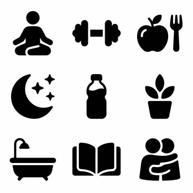 Sağlıklı bir yaşam için dokuz siyah simge seti. Meditasyon, egzersiz, beslenme, uyku, susuzluk, doğa, rahatlama, okuma ve sosyal bağlantı sembolleri.