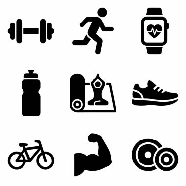 Beyaz arka planda halter, koşu, yoga, bisiklet ve kalp atış hızı izleme dahil olmak üzere çeşitli fitness ve sağlık faaliyetlerini temsil eden dokuz vektör simgelerinden oluşan bir derleme.