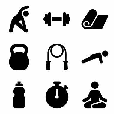 Spor faaliyetlerini ve ekipmanları temsil eden dokuz basit siyah beyaz simge koleksiyonu. Kol, halter, halter, yoga, esneme ve kronometre dahil..