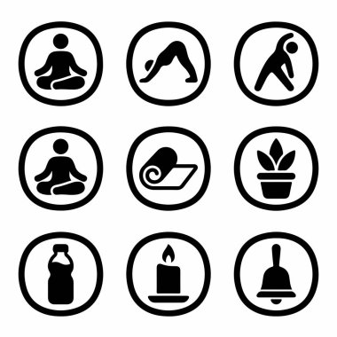Yoga, meditasyon ve sağlık kavramlarını temsil eden dokuz basit siyah beyaz simge koleksiyonu. Poz, minder, bitki, mum ve çan gibi..