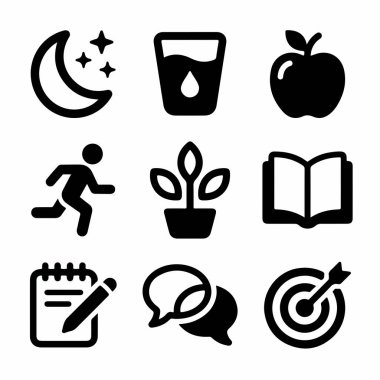Uyku, hidrasyon, egzersiz ve okuma, hedef belirleme ve iletişim gibi kişisel gelişim aktivitelerini temsil eden dokuz adet siyah katı simge..