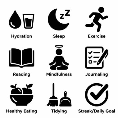 Sağlıklı bir yaşam tarzı ve günlük hedefleri temsil eden basit siyah simgelerden oluşan bir derleme. Susuzluk, uyku, egzersiz, okuma, farkındalık ve sağlıklı beslenme sembolleri içerir.