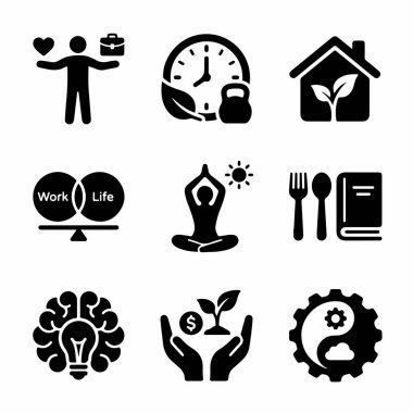 Yoga, sağlıklı beslenme, zaman yönetimi ve finansal büyüme sembolleri de dahil olmak üzere kişisel ve profesyonel refah simgeleri kümesi.