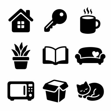 Ev hayatını ve rahatlığı temsil eden basit bir simge seti. Ev, anahtar, kahve, bitki, kitap, kanepe, mikrodalga, kutu ve web veya yazdırmak için kedi simgeleri içerir.