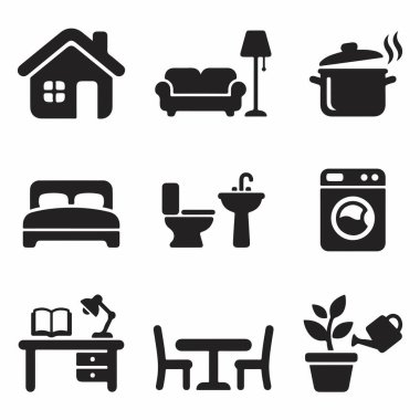 Ev, kanepe, yatak, tuvalet, çamaşır makinesi, masa ve internet ve cep telefonu için yemek masası gibi çeşitli ev eşyalarını temsil eden dokuz adet simge..