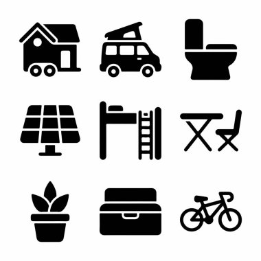 Mobil bir ev, karavan, güneş paneli, ranza yatağı ve minimalist bir yaşam tarzı için bisiklet de dahil olmak üzere küçük yaşam ve minibüs yaşamını temsil eden dokuz katı sembolden oluşan bir koleksiyon..