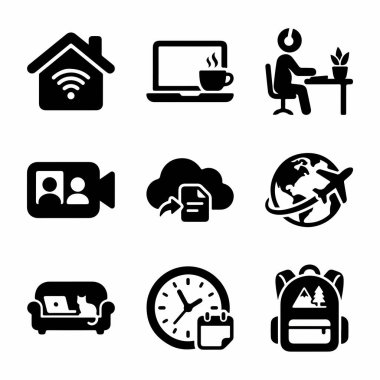 Modern bir yaşam tarzı için uzak çalışmaları, çevrimiçi iletişimi, bulut teknolojisini, seyahatleri ve zaman yönetimini temsil eden katı siyah simgelerden oluşan bir koleksiyon.