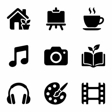 Collection of nine black solid icons representing creative hobbies and leisure activities including painting, music, photography, reading, film, and home life.