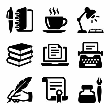 Yazı, edebiyat ve çalışmayla ilgili dokuz siyah simge koleksiyonu. Beyaz arkaplanda bir kalem, defter, kahve fincanı, masa lambası, kitaplar, dizüstü bilgisayar, daktilo, tüy kalem ve mürekkep sembolleri bulunur..