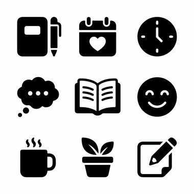 Yazma, planlama, okuma ve rahatlama gibi aktiviteleri temsil eden siyah katı simgelerden oluşan bir derleme. Bir günlük, takvim, saat, kitap, kahve ve kişisel bakım kavramları için bitki içerir.