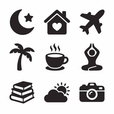 Seyahat, ev, din, boş zaman ve hobi gibi çeşitli temaları temsil eden dokuz siyah siluet ikonundan oluşan bir koleksiyon. Uçak, kamera, yoga, kahve ve kitapları içerir..