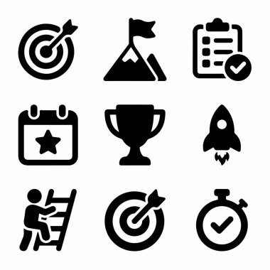 İş ve motivasyon için hedef alma, başarı, planlama, kazanma, başlama, kariyer ilerlemesi gibi kavramları temsil eden bir vektör sembolleri koleksiyonu.