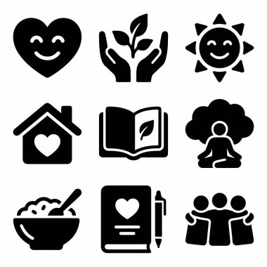 Dengeli bir yaşam için basit katı simgeler. Kişisel bakım, sağlıklı alışkanlıklar, olumlu ilişkiler ve beyaz bir arkaplanda farkındalık sembolleri.