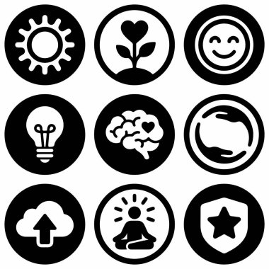 Siyah daireler içinde dokuz modern simgenin vektör grafik koleksiyonu. Semboller arasında beyin, kalp, ampul, gülümseme ve web ve uygulama tasarımı için meditasyon yer alıyor..