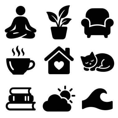 Meditasyon, bitki, koltuk, sıcak içecek, kalbi olan ev, uyuyan kedi, kitap, hava ve huzuru temsil eden bir dalga içeren dokuz simge..