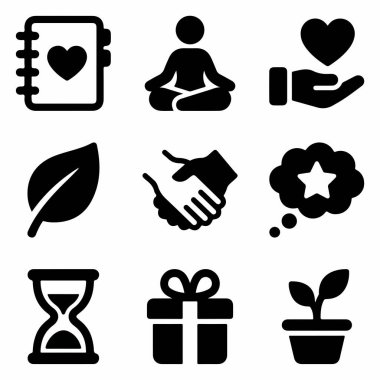 Meditasyon, minnettarlık, fedakarlık, doğa, ortaklık, rüyalar, zaman, hediyeler ve büyüme gibi kavramları temsil eden dokuz sağlam ikondan oluşan bir koleksiyon. İzole vektör grafik elementleri.