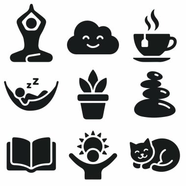Barış ve kişisel bakım faaliyetlerini temsil eden dokuz basit siluet ikonundan oluşan bir derleme. Yoga, okuma, uyku ve doğanın tadını çıkarmak da dahil..