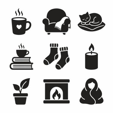 Bir şömine, sıcak içecek, uyuyan kedi, rahat çoraplar ve mum da dahil olmak üzere, rahat ve rahat bir kızlık zarı yaşam tarzını temsil eden dokuz basit siyah ikondan oluşan bir koleksiyon..