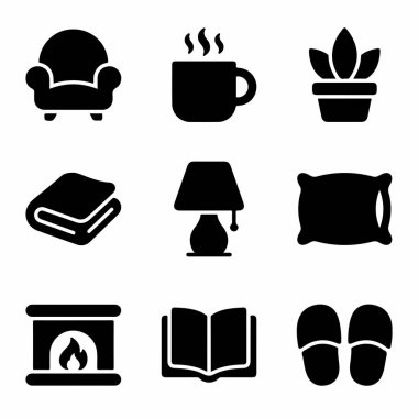 Samimi ev elementlerini temsil eden dokuz adet siyah simge. Şömine, kitap, kahve ve terlik gibi. Rahatlık, rahatlık ve kızlık zarı çizimi için mükemmel..