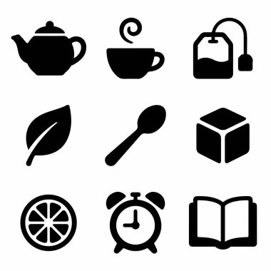 Çay fincanı, çay poşeti, yaprak, kaşık, şeker küpü, limon dilimi, saat ve mola zamanı için kitap da dahil olmak üzere dokuz basit vektör simgesinden oluşan bir koleksiyon..