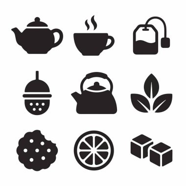 Çaydanlık, fincan, çay poşeti, infüzyon, su ısıtıcı, yapraklar, kurabiye, limon ve şeker küpleri de dahil olmak üzere dokuz basit siyah vektör ikonundan oluşan bir koleksiyon..