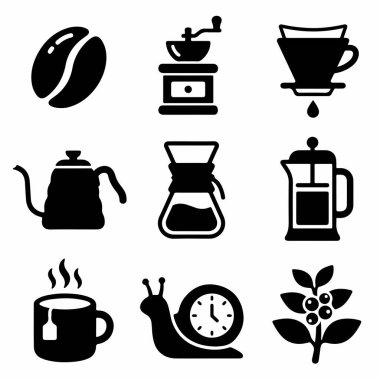 Kahvenin çeşitli yönlerini temsil eden dokuz katı siyah kabartma sembolü. Fasulye, öğütücü, dökme, çaydanlık, Fransız presi ve dumanı tüten bardak da dahil..
