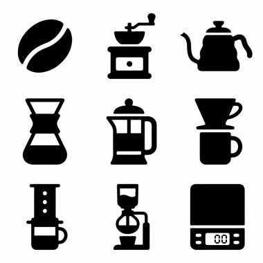 Kahve çekirdekleri, öğütücü, su ısıtıcısı, su ısıtıcısı, Fransız presi, uçak ve ölçeği de dahil olmak üzere çeşitli kahve yapma araçlarını ve yöntemlerini temsil eden dokuz siyah katı ikondan oluşan bir koleksiyon..