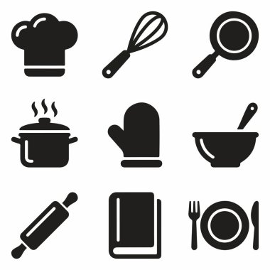 Mutfak aletlerini temsil eden dokuz basit siyah simge koleksiyonu ve aşçı şapkası, çırpı, tencere, fırın eldiveni, kase, oklavye, havlu ve tabak seti gibi yemek elementleri..