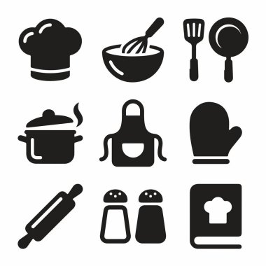 Aşçı şapkası, önlük, tencere, tava ve yemek kitabı gibi çeşitli yemek ve mutfak malzemelerini temsil eden dokuz basit siyah siluet simgesi koleksiyonu..