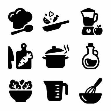 Aşçılık tasarımı için aşçı şapkası, blender, ot ve çırpıcı gibi çeşitli yemek pişirme faaliyetlerini ve mutfak aletlerini temsil eden dokuz basit simge koleksiyonu..