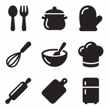 Mutfak aletlerini temsil eden dokuz basit siyah beyaz simge koleksiyonu ve tencere, çırpı, merdane, aşçı şapkası ve buzdolabı gibi yemek malzemeleri..