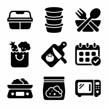 Sağlıklı bir yaşam tarzı için gıda kabı, market, yemek pişirme, programlama, porsiyon ve yeniden ısıtma gibi yemek hazırlama kavramlarını temsil eden koyu siyah simge simgelerinden oluşan bir derleme..