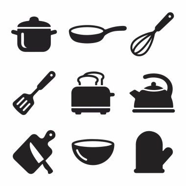 Grafik tasarımı için izole edilmiş tencere, tava, çırpı, tost makinesi ve su ısıtıcısı gibi ortak mutfak aletleri ve aletlerini temsil eden dokuz basit siyah siluet simgesi koleksiyonu..