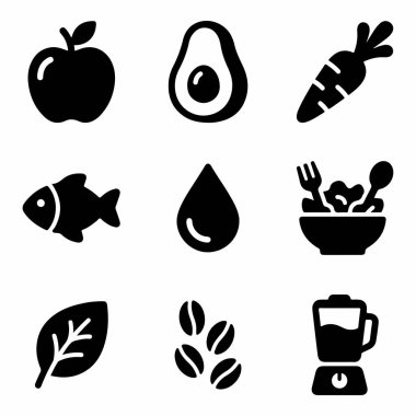 Bir elma, avokado, havuç, balık, yağ damlası, salata, yaprak, kahve çekirdeği ve blender gibi sağlıklı bir yaşam tarzını temsil eden dokuz basit siyah ikondan oluşan bir koleksiyon..
