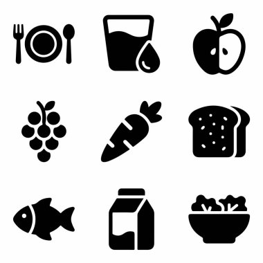 Meyve, sebze, süt ürünleri, protein ve tahıl gibi çeşitli besin gruplarını temsil eden dokuz basit simge. Su, elma, balık ve salata ikonları içerir.