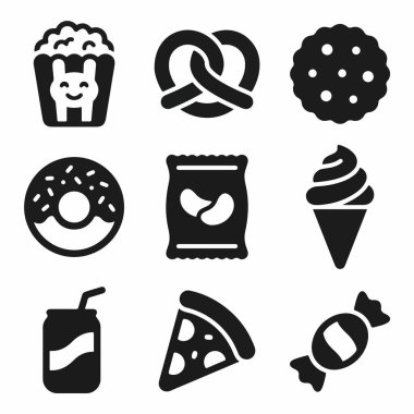 Pizza, donut, patlamış mısır ve soda gibi çeşitli atıştırmalıkları temsil eden dokuz basit siyah ikondan oluşan bir koleksiyon. Web ve grafik tasarımı için beyaz bir arkaplanda izole edilmiş.