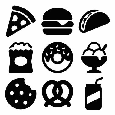 Pizza, burger, taco, patlamış mısır, çörek, dondurma, kurabiye, pretzel ve soda dahil olmak üzere popüler fast food ve atıştırmalıkları temsil eden dokuz basit siyah siluet ikonundan oluşan bir koleksiyon..