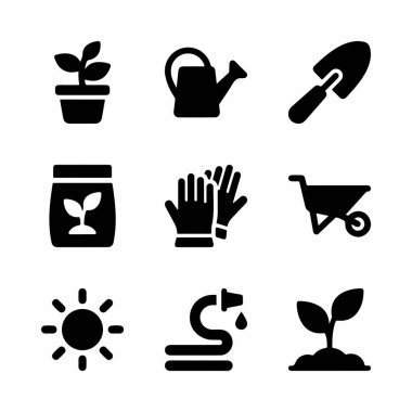 Bahçe işleriyle ilgili dokuz siyah katı ikondan oluşan bir koleksiyon. Beyaz arka planda bir sulama tenekesi, mala, eldiven, el arabası, fidan, güneş ve hortum da dahil..