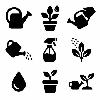 Sulama kutuları, sprey şişeleri, saksı bitkileri ve bahçıvanlık kavramları için su damlaları da dahil olmak üzere bitki bakımını temsil eden dokuz basit vektör ikonundan oluşan bir koleksiyon..