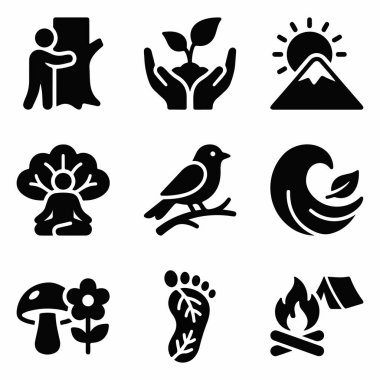 Doğa ve ekoloji temalarını temsil eden dokuz siyah katı ikonun bir derlemesi. Ağaç kucaklaşması, tohum ekme, meditasyon, kamp ve vahşi yaşam da dahil..