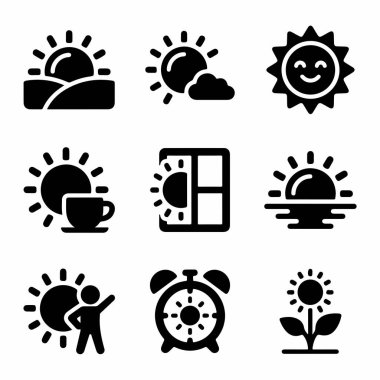 Güneş doğumu, hava durumu, kahve, uyanma ve doğa gibi sabah temalarını temsil eden dokuz simge. Ağ ve grafik tasarımı için izole vektör sembolleri.
