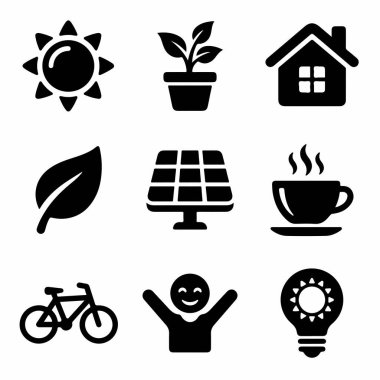 Güneş, bitki, ev, yaprak, güneş paneli ve bisiklet de dahil olmak üzere çevresel temaları, doğayı ve sürdürülebilir yaşamı temsil eden dokuz basit simgenin bir derlemesi..