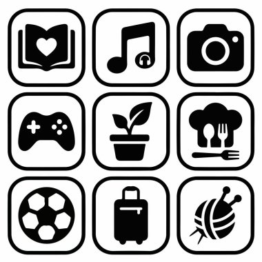 A grid of nine minimalist icons for hobbies like reading, music, photography, gaming, gardening, cooking, sports, travel, and knitting. Simple black and white vector design.