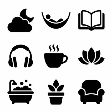 Okuma, müzik, banyo ve meditasyon sembolleri de dahil olmak üzere boş zaman, konfor ve refahı temsil eden dokuz basit siluet simgesinden oluşan bir koleksiyon..