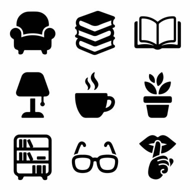 Okuma ve rahatlama ile ilgili dokuz tane koyu siyah simge. Bir koltuk, kitaplar, lamba, kahve fincanı, bitki, bardak ve sessiz bir sembol içerir..