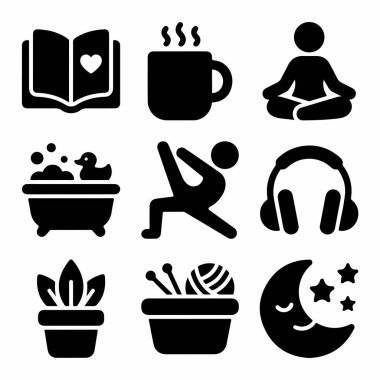 Kişisel bakım ve zihinsel refahı temsil eden dokuz siyah ikondan oluşan bir koleksiyon. Yoga, okuma, banyo, örgü ve dengeli bir yaşam tarzı için müzik dinlemek gibi aktiviteler..