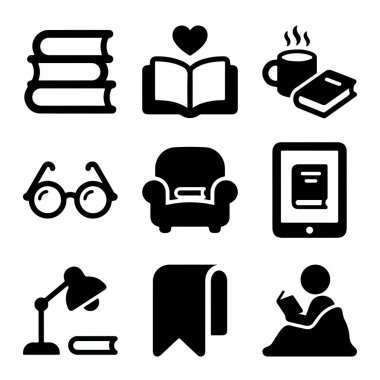 Okuma ve edebiyatla ilgili dokuz düz simgenin vektör koleksiyonu. Kitap yığını, e-okuyucu, gözlük, koltuk, lamba ve kitap okuyan birini içeriyor. Kütüphane veya eğitim temaları için mükemmel.