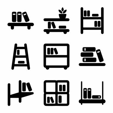 Çeşitli kitap rafları, kitaplıklar ve kütüphane mobilyalarını temsil eden dokuz basit simge koleksiyonu. Set, beyaz arka planda izole edilmiş farklı raf tasarımları, bir merdiven ve kitapları içeriyor..